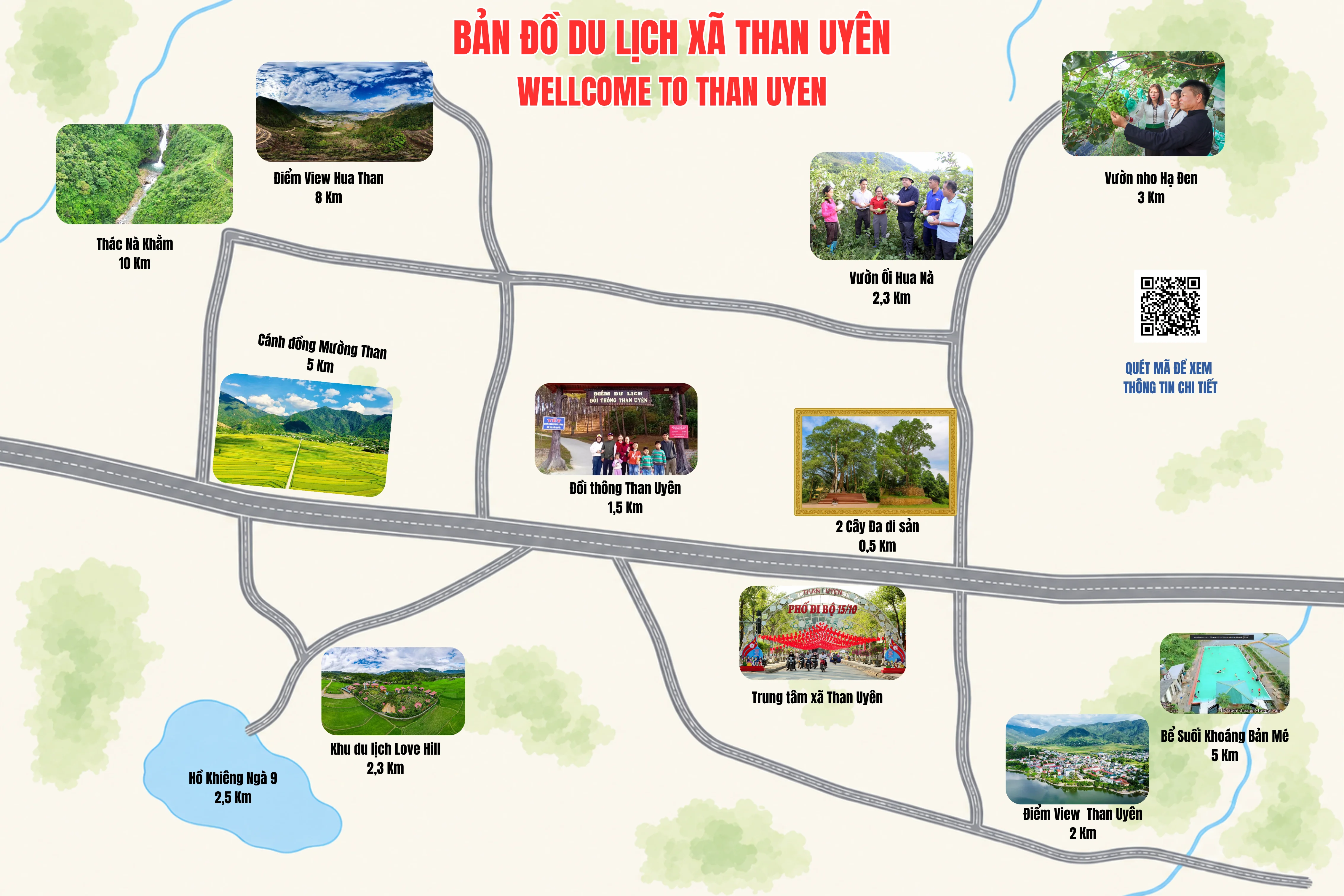 Bản đồ du lịch xã Than Uyên với các điểm tham quan và khoảng cách từ trung tâm
